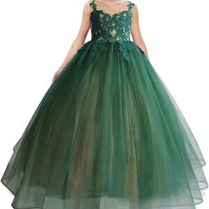 Green Whimsical Ball Gown Prom Dress Floor Length Lace Mesh Size Small
